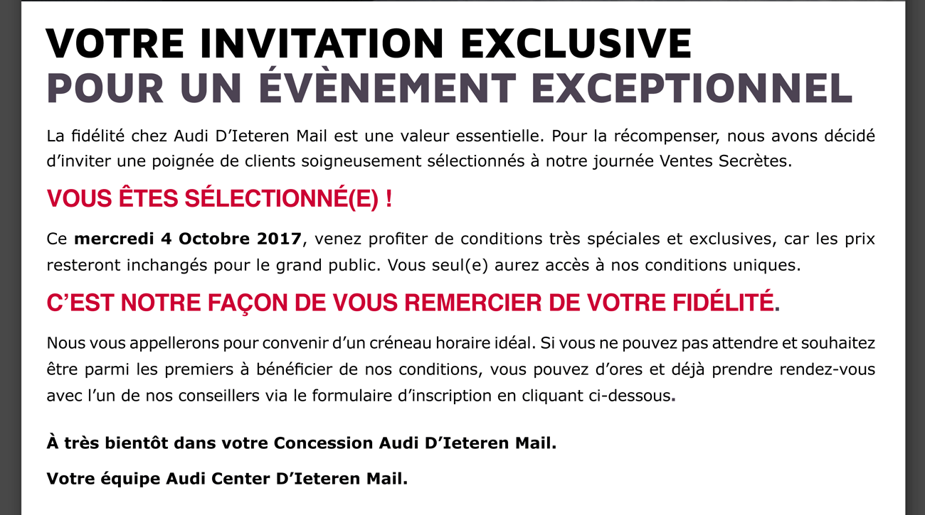 La fidélité chez Audi D'Ieteren Mail est une valeur essentielle.