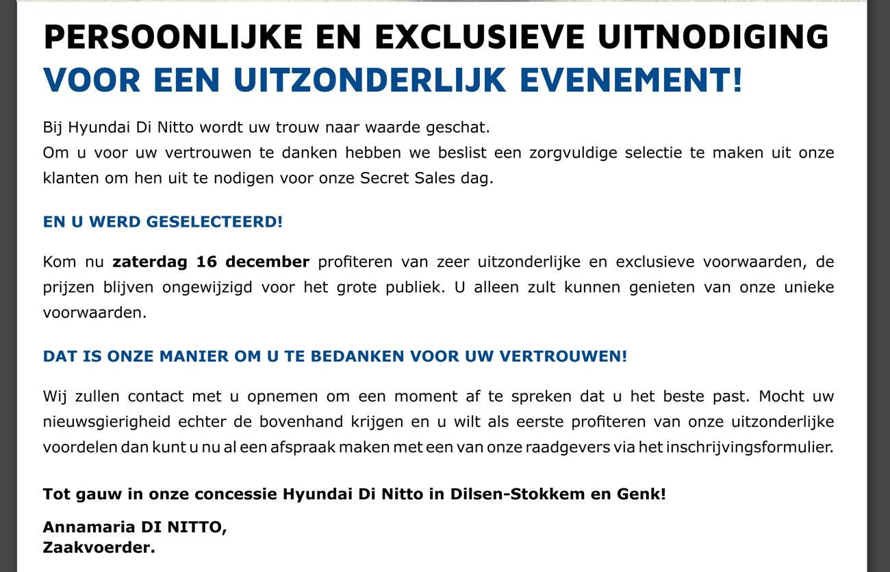 EN U WERD GESELECTEERD!
Kom nu zaterdag 16 december