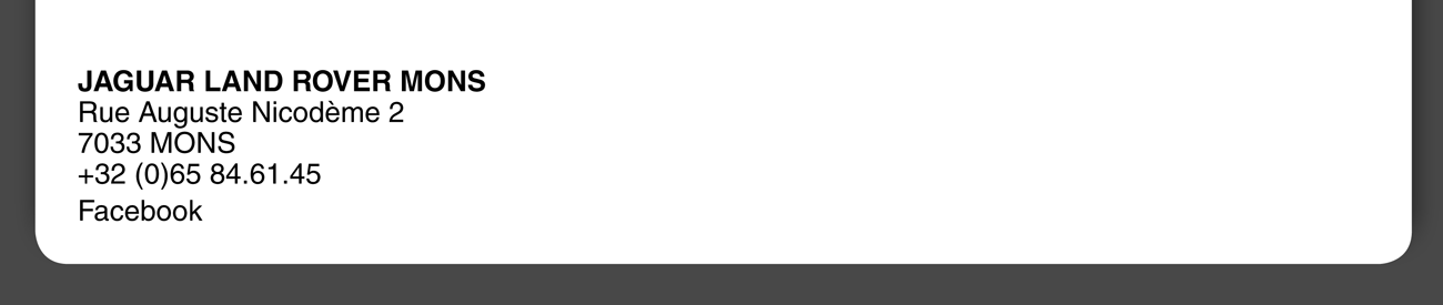 JAGUAR LAND ROVER MONS, Rue Auguste Nicodème 2, 7033 MONS, +32 (0)65 84.61.45, Facebook