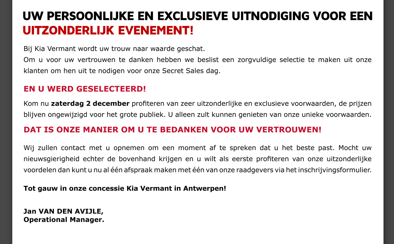 PERSOONLIJKE EN EXCLUSIEVE UITNODIGING VOOR EEN UITZONDERLIJK EVENEMENT! 