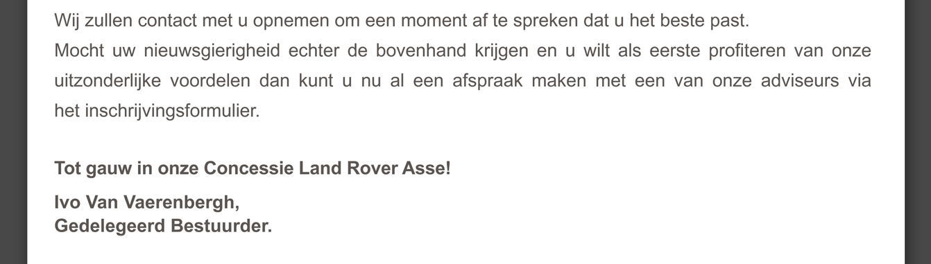 Wij zullen contact met u opnemen om een moment af te spreken dat u het beste past.
Mocht uw nieuwsgierigheid echter de bovenhand krijgen en u wilt als eerste profiteren van onze uitzonderlijke voordelen dan kunt u nu al een afspraak maken met een van onze adviseurs via 
het inschrijvingsformulier.
