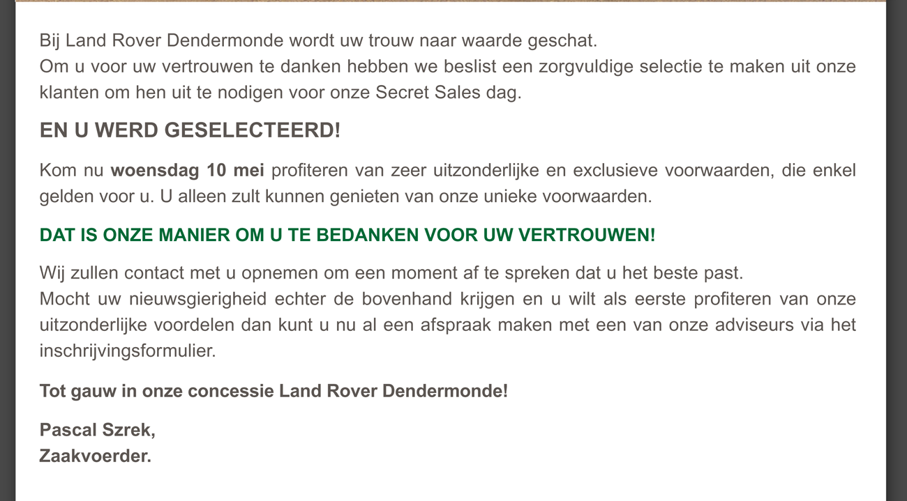 Bij Land Rover Dendermonder wordt uw trouw naar waarde geschat.