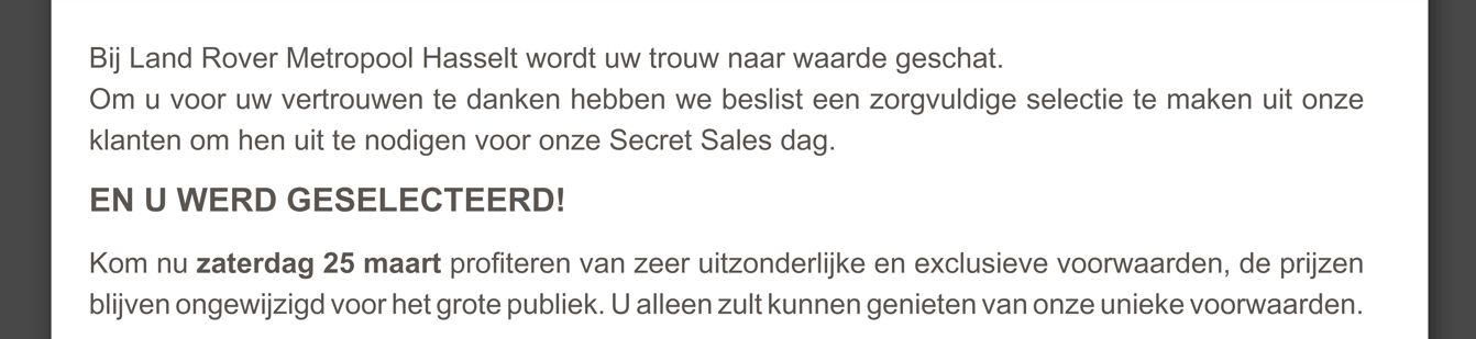 Bij Land Rover Salens Motors Roeselare wordt uw trouw naar waarde geschat.
